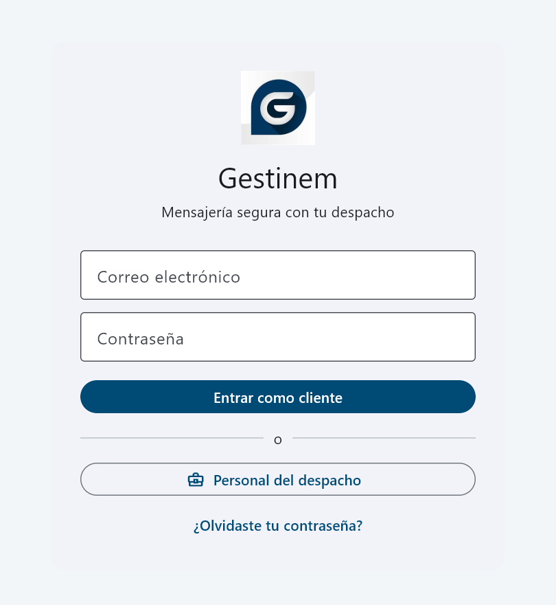 Pantalla de acceso de Gestinem Chat para clientes y personal del despacho